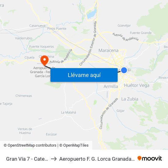 Gran Vía 7 - Catedral to Aeropuerto F. G. Lorca Granada-Jaén map