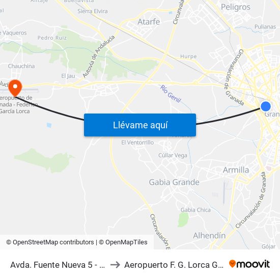 Avda. Fuente Nueva 5 - Universidad to Aeropuerto F. G. Lorca Granada-Jaén map