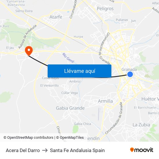 Acera Del Darro to Santa Fe Andalusia Spain map