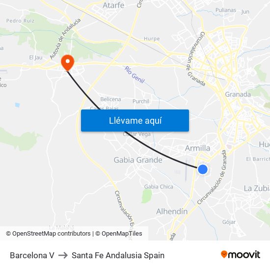 Barcelona V to Santa Fe Andalusia Spain map