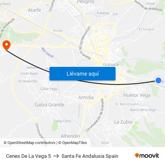 Cenes De La Vega 5 to Santa Fe Andalusia Spain map