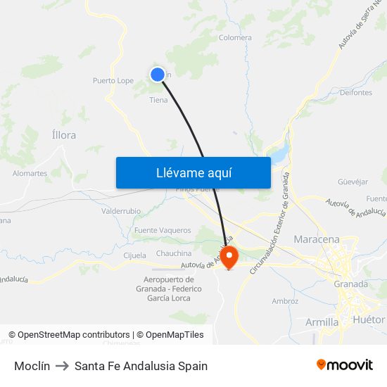 Moclín to Santa Fe Andalusia Spain map