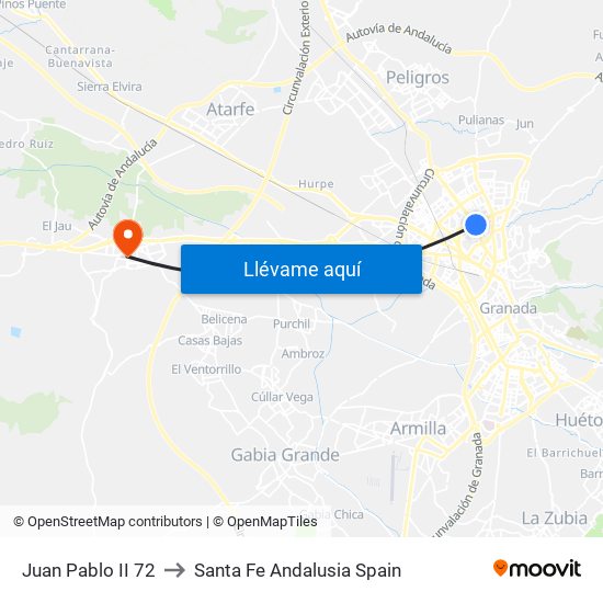 Juan Pablo II 72 to Santa Fe Andalusia Spain map