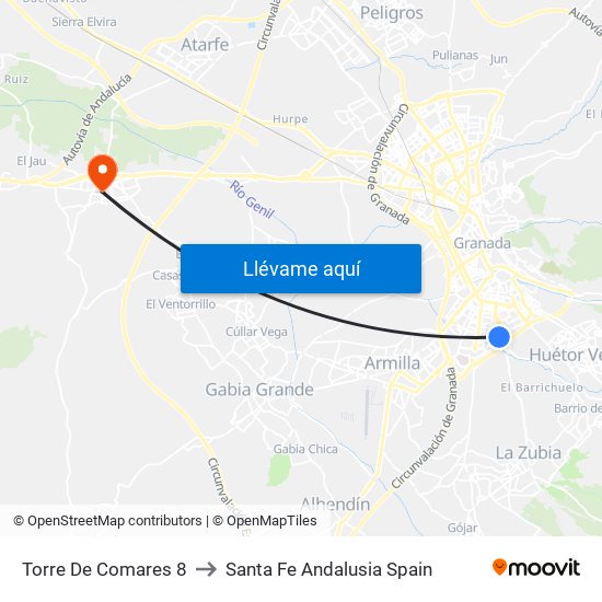 Torre De Comares 8 to Santa Fe Andalusia Spain map