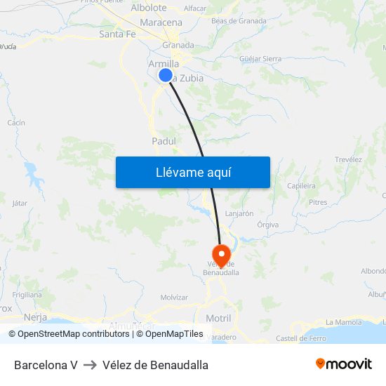 Barcelona V to Vélez de Benaudalla map