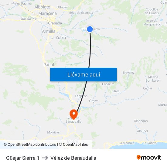 Güéjar Sierra 1 to Vélez de Benaudalla map