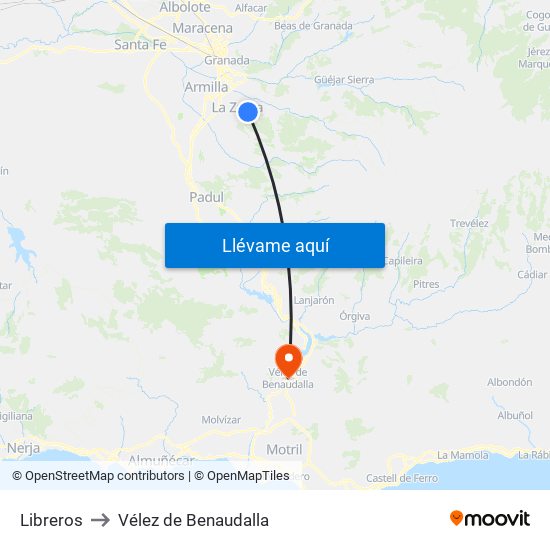 Libreros to Vélez de Benaudalla map