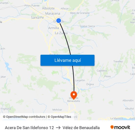 Acera De San Ildefonso 12 to Vélez de Benaudalla map