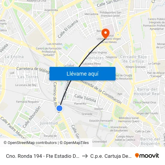 Cno. Ronda 194 - Fte Estadio De La Juventud to C.p.e. Cartuja De Granada map
