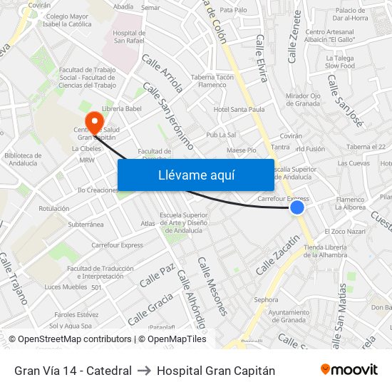 Gran Vía 14 - Catedral to Hospital Gran Capitán map