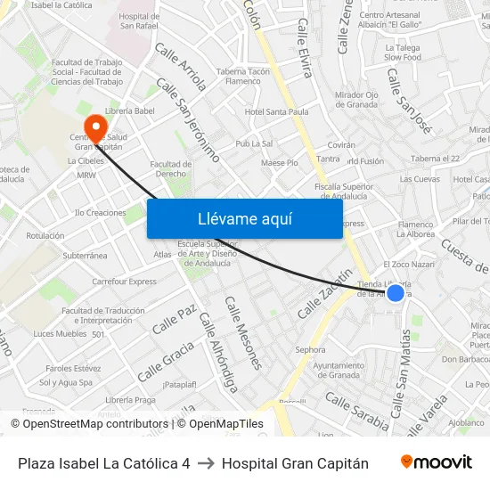 Plaza Isabel La Católica 4 to Hospital Gran Capitán map
