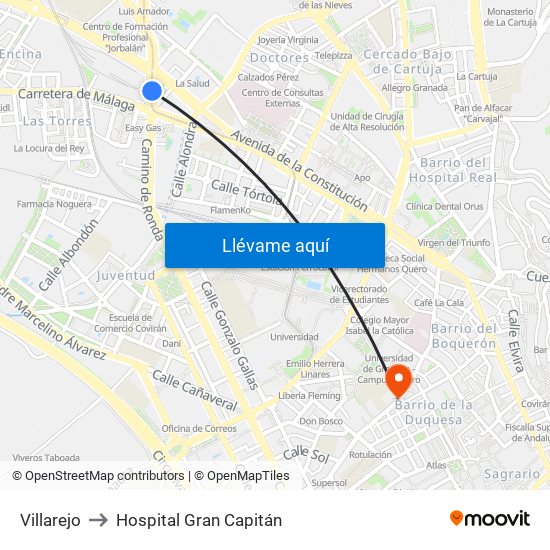 Villarejo to Hospital Gran Capitán map