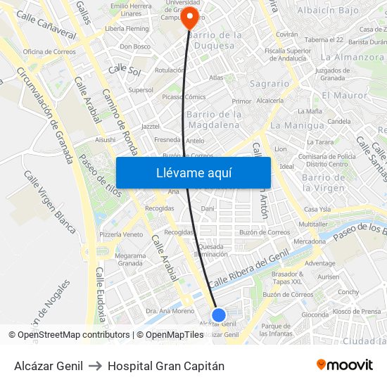 Alcázar Genil to Hospital Gran Capitán map