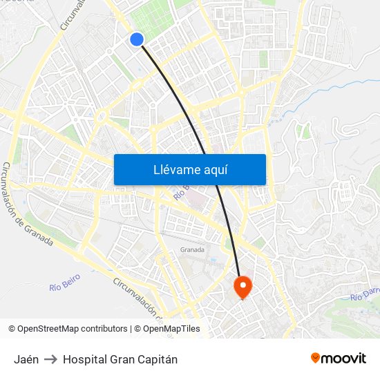 Jaén to Hospital Gran Capitán map