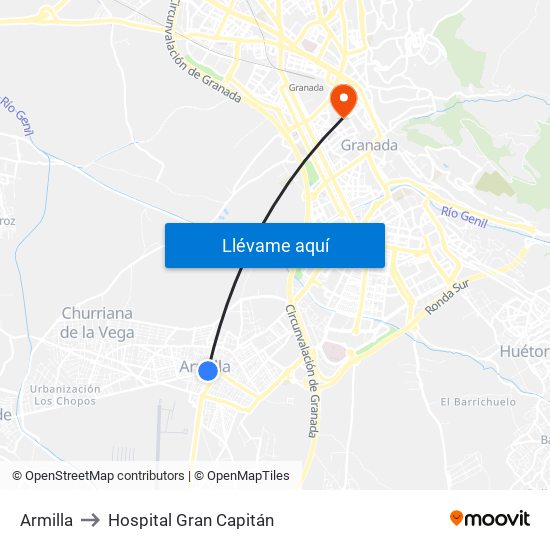 Armilla to Hospital Gran Capitán map