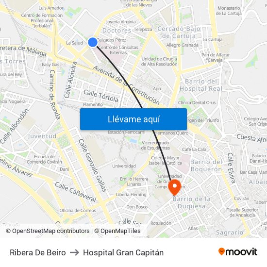 Ribera De Beiro to Hospital Gran Capitán map