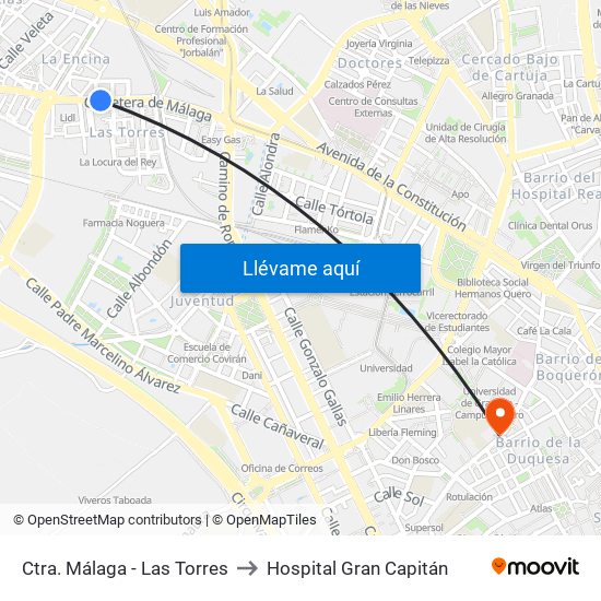 Ctra. Málaga - Las Torres to Hospital Gran Capitán map