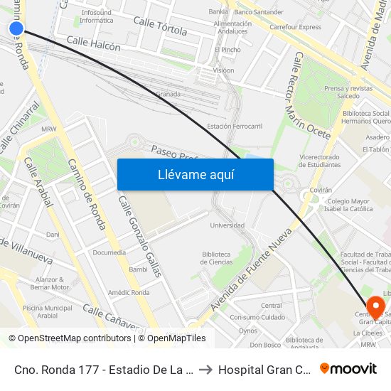 Cno. Ronda 177 - Estadio De La Juventud to Hospital Gran Capitán map