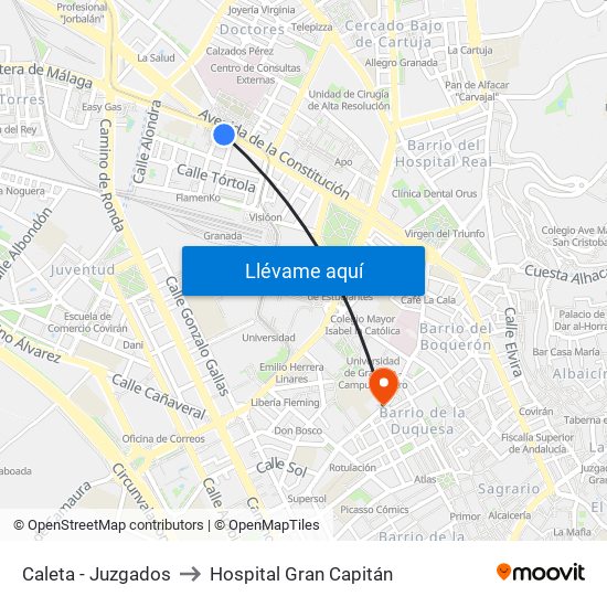 Caleta - Juzgados to Hospital Gran Capitán map
