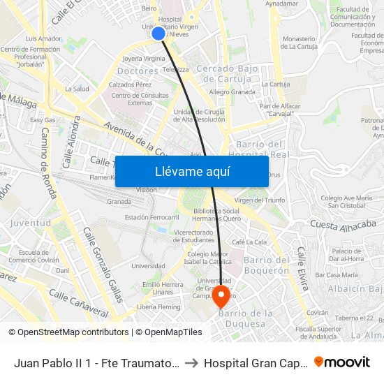 Juan Pablo II 1 - Fte Traumatología to Hospital Gran Capitán map