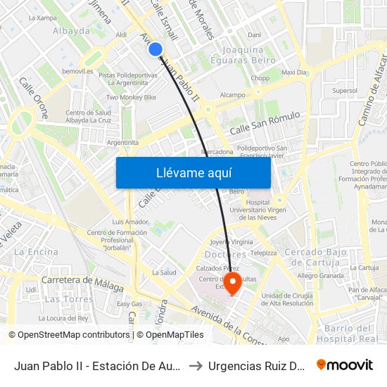 Juan Pablo II - Estación De Autobuses to Urgencias Ruiz De Alda map