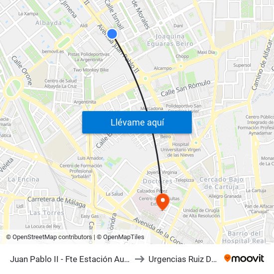 Juan Pablo II - Fte Estación Autobuses to Urgencias Ruiz De Alda map