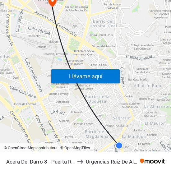Acera Del Darro 8 - Puerta Real to Urgencias Ruiz De Alda map