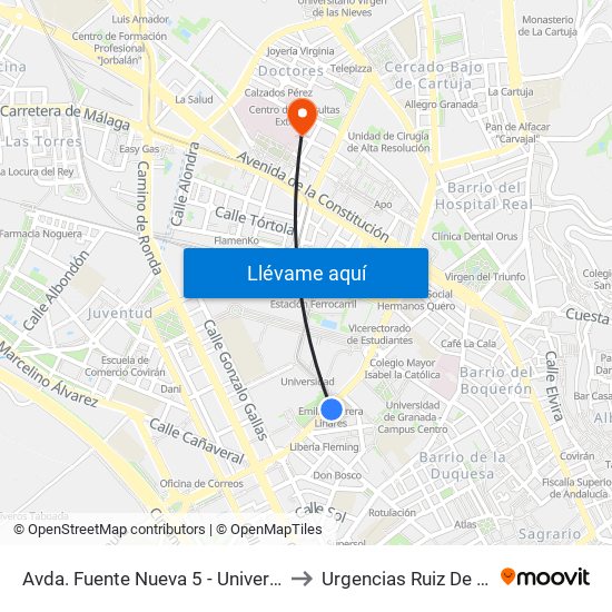 Avda. Fuente Nueva 5 - Universidad to Urgencias Ruiz De Alda map