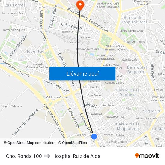 Cno. Ronda 100 to Hospital Ruiz de Alda map