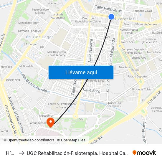 Hípica to UGC Rehabilitación-Fisioterapia. Hospital Campus de la Salud map