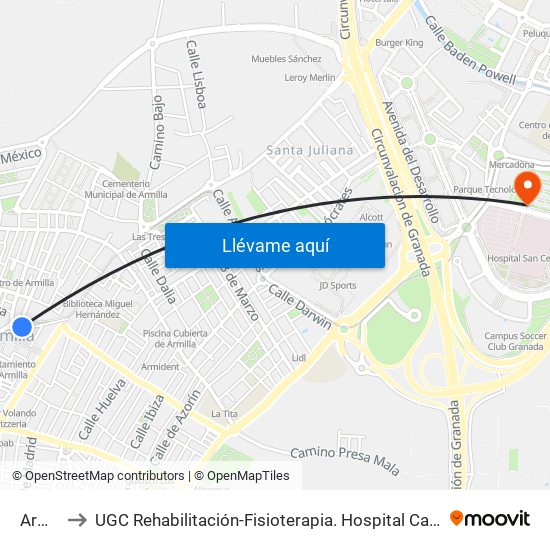 Armilla to UGC Rehabilitación-Fisioterapia. Hospital Campus de la Salud map
