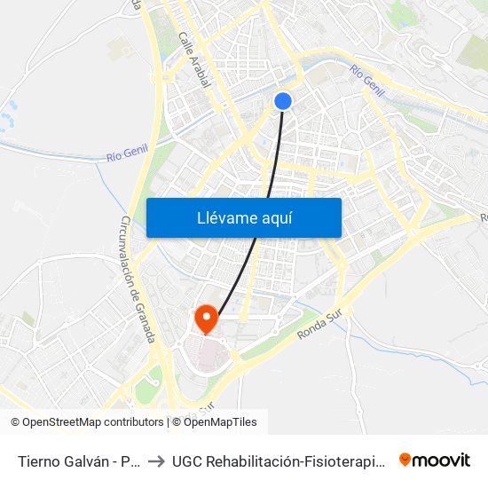 Tierno Galván - Palacio Congresos to UGC Rehabilitación-Fisioterapia. Hospital Campus de la Salud map