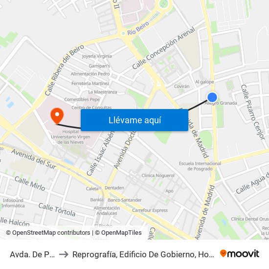Avda. De Pulianas 1 to Reprografía, Edificio De Gobierno, Hospital Virgen de la Nieves map