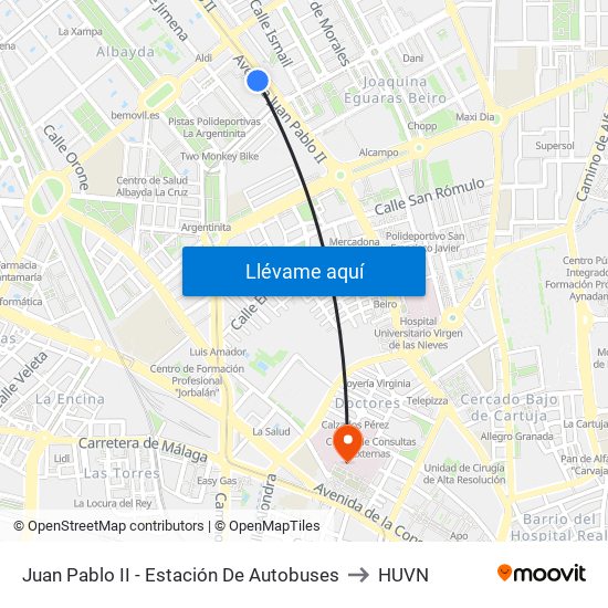 Juan Pablo II - Estación De Autobuses to HUVN map