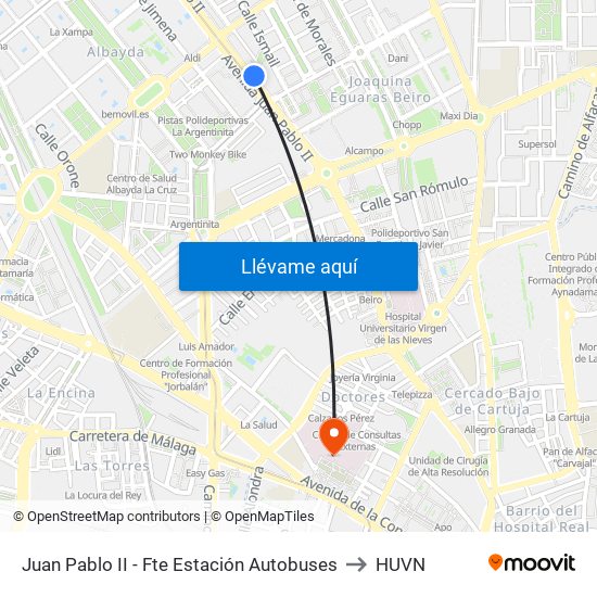 Juan Pablo II - Fte Estación Autobuses to HUVN map