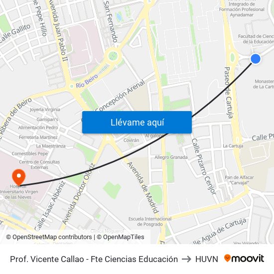 Prof. Vicente Callao - Fte Ciencias Educación to HUVN map