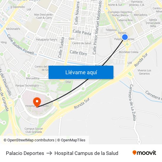Palacio Deportes to Hospital Campus de la Salud map