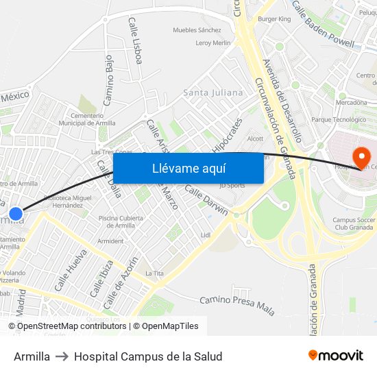 Armilla to Hospital Campus de la Salud map