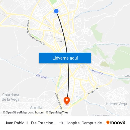 Juan Pablo II - Fte Estación Autobuses to Hospital Campus de la Salud map