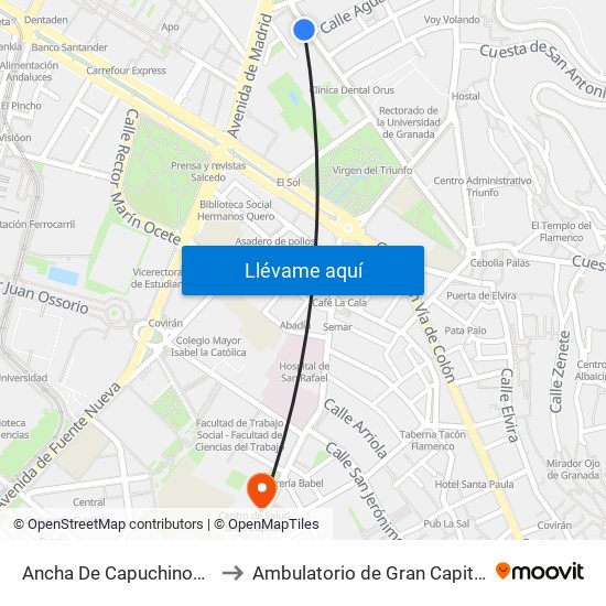 Ancha De Capuchinos 1 to Ambulatorio de Gran Capitán map