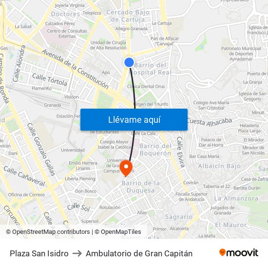 Plaza San Isidro to Ambulatorio de Gran Capitán map