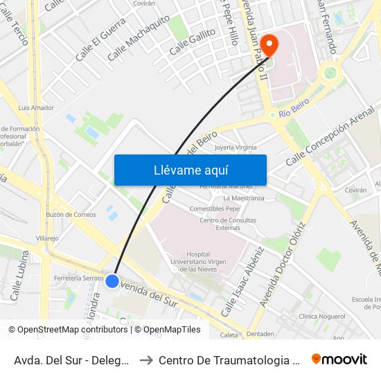 Avda. Del Sur - Delegación Provincial De Salud to Centro De Traumatologia Hospital Virgen De Las Nieves map