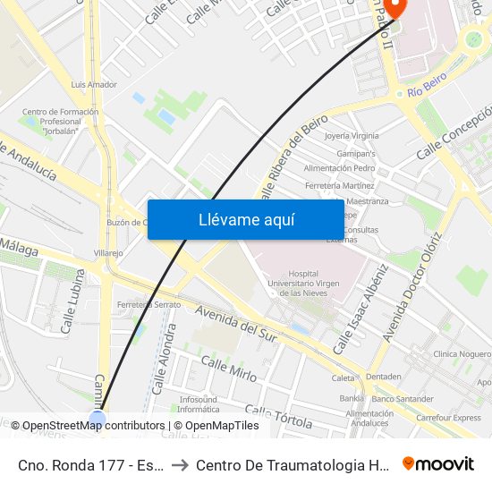 Cno. Ronda 177 - Estadio De La Juventud to Centro De Traumatologia Hospital Virgen De Las Nieves map