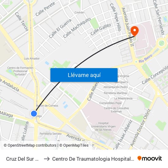 Cruz Del Sur 3 - Villarejo to Centro De Traumatologia Hospital Virgen De Las Nieves map