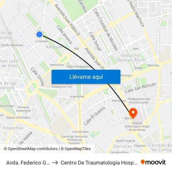 Avda. Federico García Lorca 27 to Centro De Traumatologia Hospital Virgen De Las Nieves map