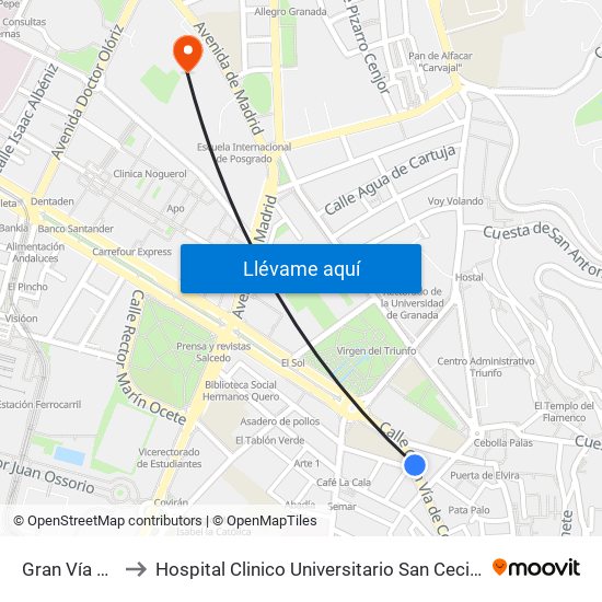 Gran Vía 54 to Hospital Clinico Universitario San Cecilio map