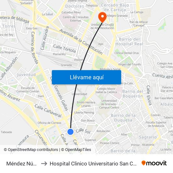 Méndez Núñez to Hospital Clinico Universitario San Cecilio map