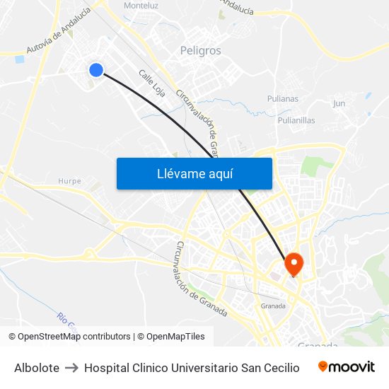 Albolote to Hospital Clinico Universitario San Cecilio map