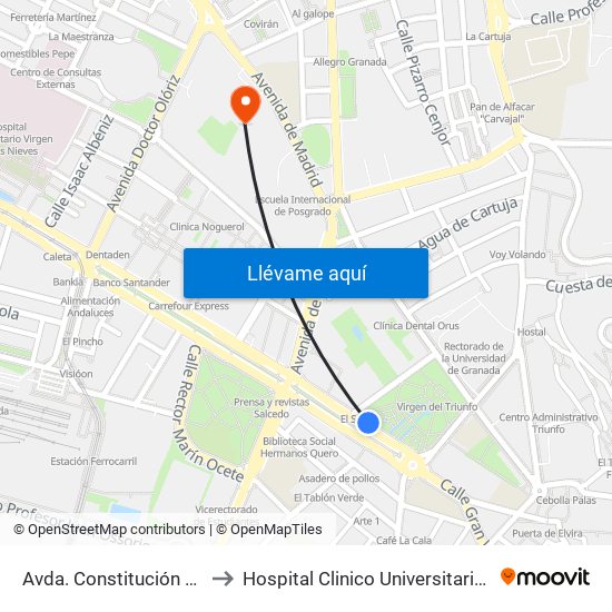Avda. Constitución 2 - Triunfo to Hospital Clinico Universitario San Cecilio map