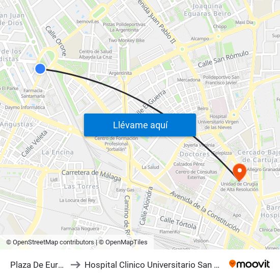 Plaza De Europa to Hospital Clinico Universitario San Cecilio map